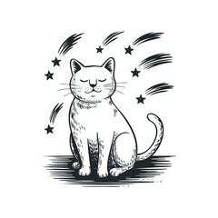 Wall Mural - Relaxed Cat Surrounded by Shooting Stars in Monochrome Style