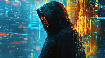 Mysterious figure in futuristic hoodie digital code background