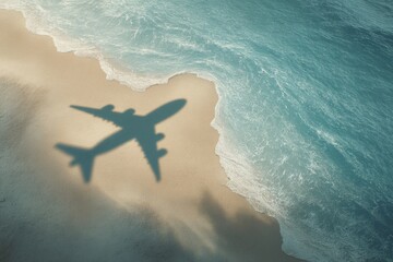Wall Mural - Traveling over a tranquil beach with airplane shadow on golden sand as waves gently lap the shore during a sunny day, capturing the essence of adventure and relaxation in paradise