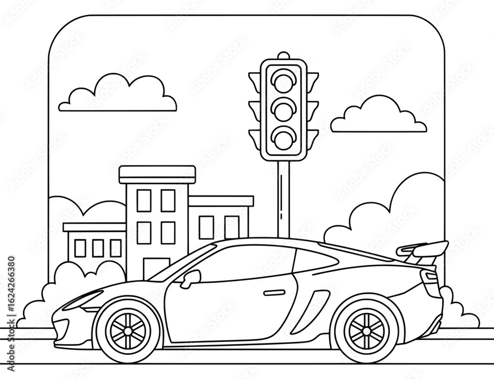Sports Car Stopped at Traffic Light in Front of Buildings Coloring Page ...