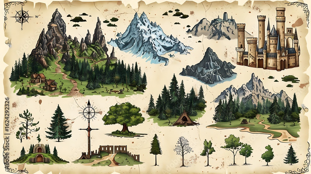 Vector medieval fantasy map elements in an RPG style, including castles, mountains, and forests. The elements are displayed on a parchment-like background, ready for use in creating detailed 