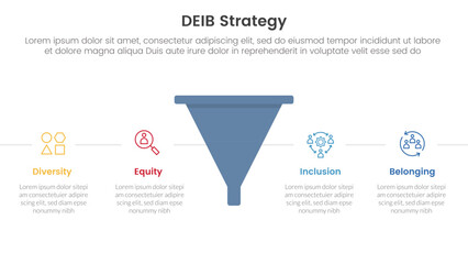 Poster - DEIB diversity strategy infographic 4 point stage template with funnel shape with horizontal point description for slide presentation