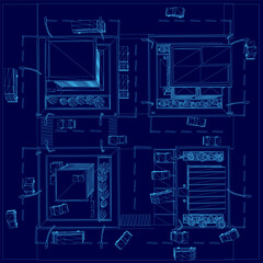Poster - A low poly wireframe blueprint of a city building on a blue background, featuring detailed architectural elements and structural design from a top view.