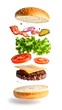 © affan - Exploded view of a cheeseburger's ingredients, floating against a white background
