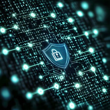 Digital Security Shield with Padlock Symbol on Circuit Board Bac