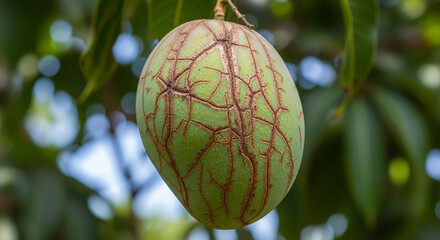 An unripe green mango with natural cracks on its skin hanging from a tree