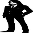 © Wahab - A black-and-white silhouette of a standing figure dressed in a suit, featuring long hair, a tie, and a visible pocket square. The person stands with one hand on the hip and the other relaxed by their