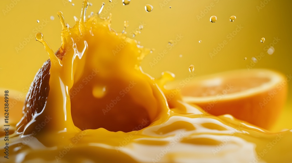 Vibrant Orange Juice Splash with Droplets and Citrus Slice in Fo Stock ...
