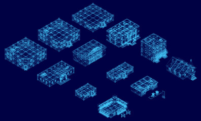 Poster - A low poly wireframe blueprint of a modern building on a dark blue background, showcasing detailed architectural elements and structural design. The geometric lines and minimalist style highlight.