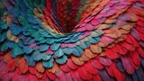 Colorful feather textures form a vivid pattern resembling a spiral in bright hues