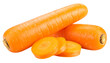 © WH Visuals - Two fresh orange carrots with stacked slices, isolated on a white background. PNG format.