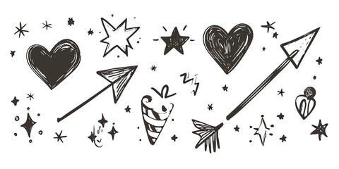 Poster - Hand Drawn Doodle Black Heart Arrow Stars Confetti Party Celebration Sketch Vector Illustration Flat Minimalist Design Decorative Elements