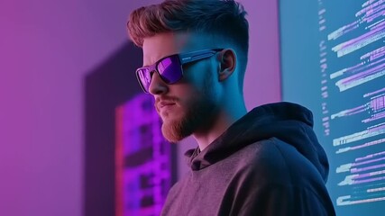 Futuristic Coder in Neon Light with Glasses Focused on Code Development