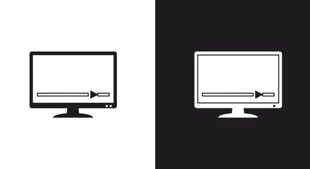 Simple black and white icons of a computer monitor displaying a video player with a progress bar.