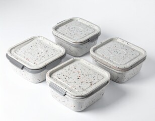 Family-friendly Amazon kitchen display of speckled silicone lids and containers styled for daily use isolated