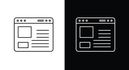 A simple line icon of a browser window or application interface, shown in both black on white and white on black versions.