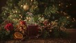 © The 2R Artificiality - Magical winter holiday photo displaying mulled wine surrounded by festive flowers and evergreen foliage. Still-life capture.