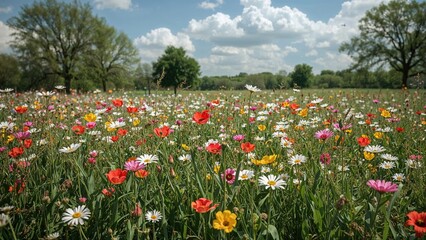 Wall Mural - Colorful flowers flourishing alongside abundant greenery in warm seasons