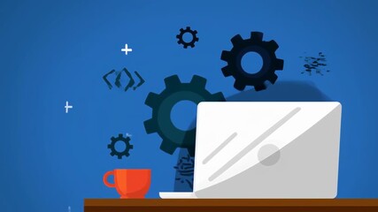 Laptop, coffee cup, gears on blue background