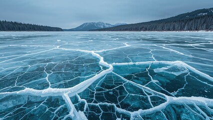 Wall Mural - winter scene featuring transparent icy surface with cracks on a frozen lake. gorgeous winter view.