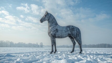 Wall Mural - a winter scene featuring a snow-covered horse statue placed in the middle of a snowy expanse.