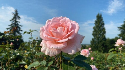 Wall Mural - A stunning pale pink rose blossoming in a garden setting.