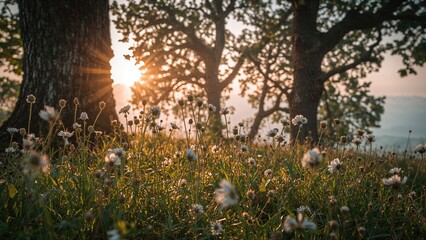 Poster - A Dreamlike Scene Featuring Golden Blossoms Blurred Before Peaceful Trees at Dawn
