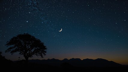 Wall Mural - dark silhouette scene featuring crescent moon and planets in formation