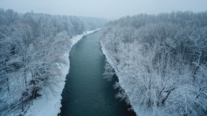 Wall Mural - overhead shot of a waterway meandering in a frost-laden forest in the cold season