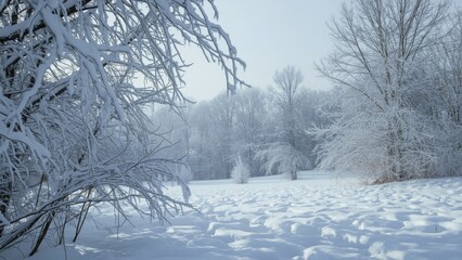 Wall Mural - snow-laden trees in a cold winter setting