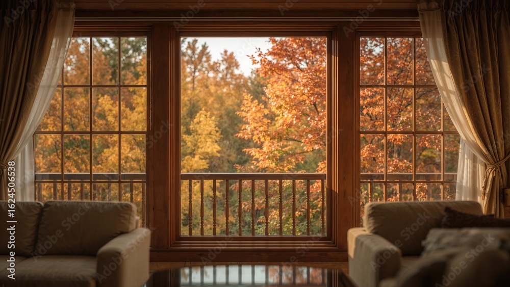 Looking through a window at a fall landscape with leafy trees Stock ...