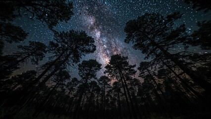 Wall Mural - nighttime breeze rustling through forest trees lit by the radiant milky way