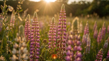 Wall Mural - Summer meadow at dusk showcasing vibrant wild lupine blossoms