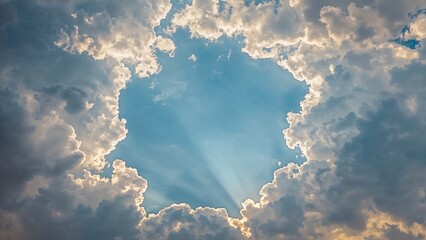 Wall Mural - Blue sky with sunlight surrounded by a ring of white clouds, abstract scenery
