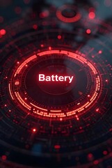 Poster - Red glowing circuitry forms a futuristic circular design, vertical composition. The word Battery is displayed prominently in the center, creating a powerful visual for technology concepts.