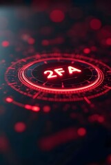 Poster - Cybersecurity concept featuring glowing red 2FA text, vertical composition. A futuristic circular interface design emphasizes the importance of two-factor authentication.