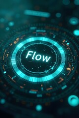 Poster - Abstract teal and orange futuristic HUD interface design, vertical composition. The vibrant circular graphic features the word Flow in a glowing white font, creating a dynamic technological visual.