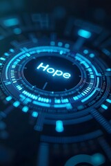 Poster - Vibrant blue hues illuminate a futuristic circular interface, vertical composition. The word Hope glows brightly at its center, signifying technological optimism and progress.