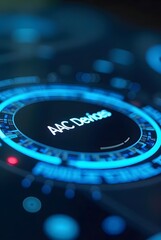 Poster - Futuristic blue digital interface glows brightly, vertical composition. The circular design showcases the words AAC Devices in a sleek, modern style.