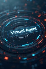 Poster - Futuristic virtual agent interface design with glowing blue and orange accents, vertical composition. The captivating circular composition features technological elements.
