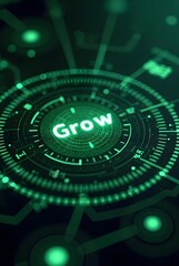 Poster - Green futuristic HUD interface displays the word Grow, vertical composition. This vibrant digital illustration features a circular design with glowing elements and intricate details.