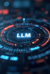 Poster - Futuristic LLM interface design showcases vibrant blue and orange hues, vertical composition. A captivating circular composition with glowing digital elements.
