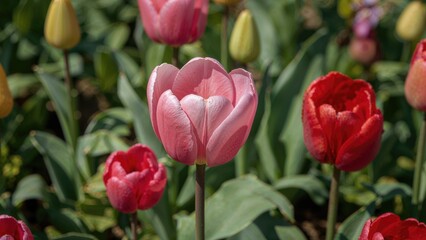 Wall Mural - Colorful tulip petals flourishing in a garden setting