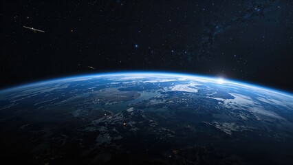 Wall Mural - planet with water and land suspended in outer space surrounded by stars