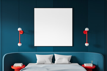 Poster - Blank poster mockup above bed in modern blue bedroom interior with red lights and clean layout for design presentation concept. 3D Rendering