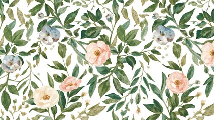 Wall Mural - Lovely seamless botanical design with hand-drawn soft summer flowers rendered in watercolor. Vector illustration.