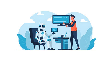 Human programmer collaborating with a robot colleague on a computer project.