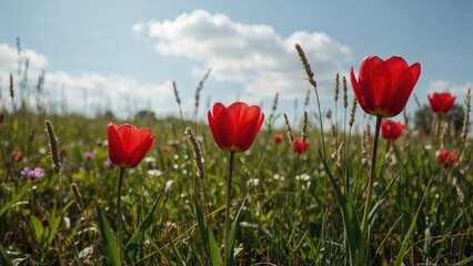 Wall Mural - Bright Red Tulips Blossoming in Natural Surroundings