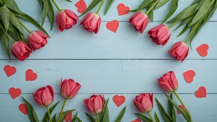 Wall Mural - Bird's eye view of bright pink tulips and red heart cutouts arranged on a pale blue wooden table