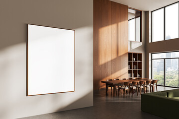 Poster - Blank poster mockup in modern minimalist interior with wooden dining area and city view through large windows on a sunny day wall concept layout. 3D Rendering